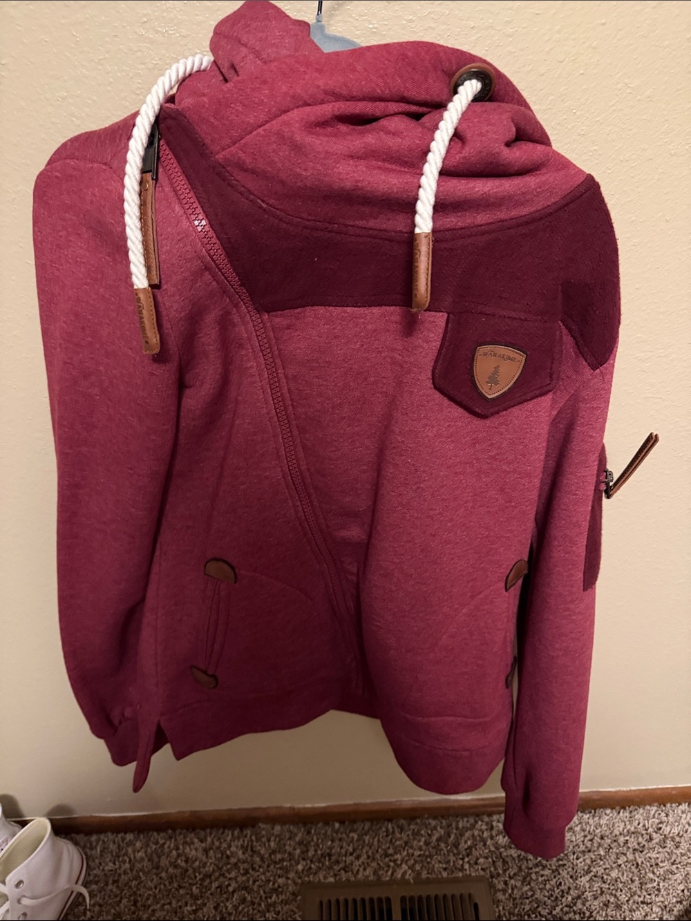 (49)Wanakome Maroon Hooded Zip Jacket with White Rope Drawstrings